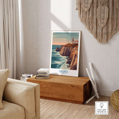Sagres Portugal Cabo São Vicente Lighthouse Art Print | Coastal Cliffs Poster displayed in a cozy living room setting.