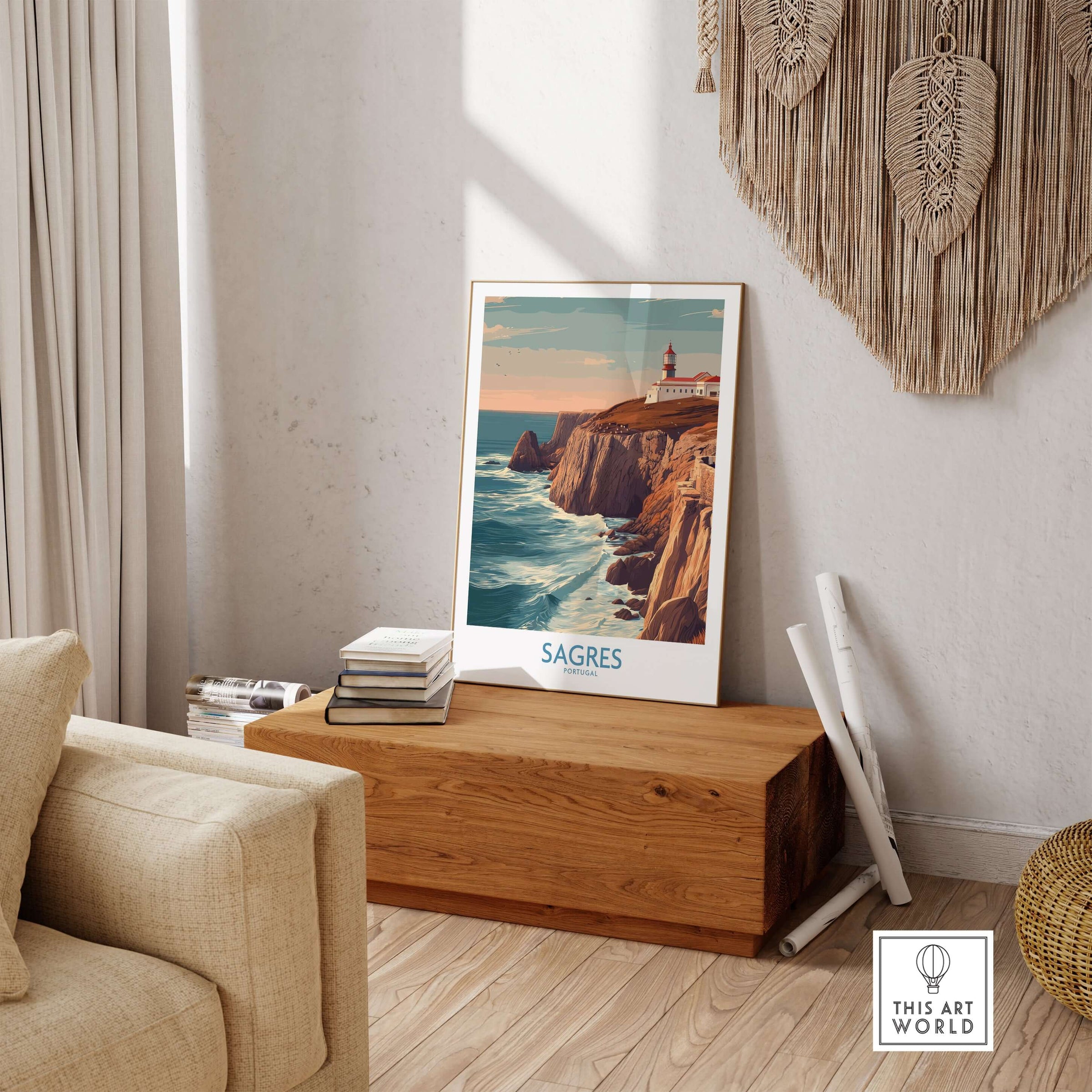Sagres Portugal Cabo São Vicente Lighthouse Art Print | Coastal Cliffs Poster displayed in a cozy living room setting.