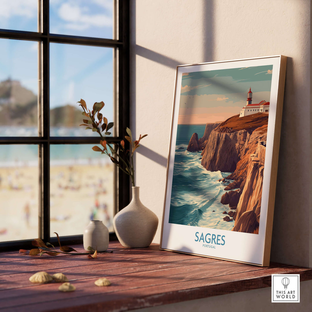 Sagres Portugal Cabo São Vicente Lighthouse Art Print | Coastal Cliffs Poster displayed in a sunny indoor setting.