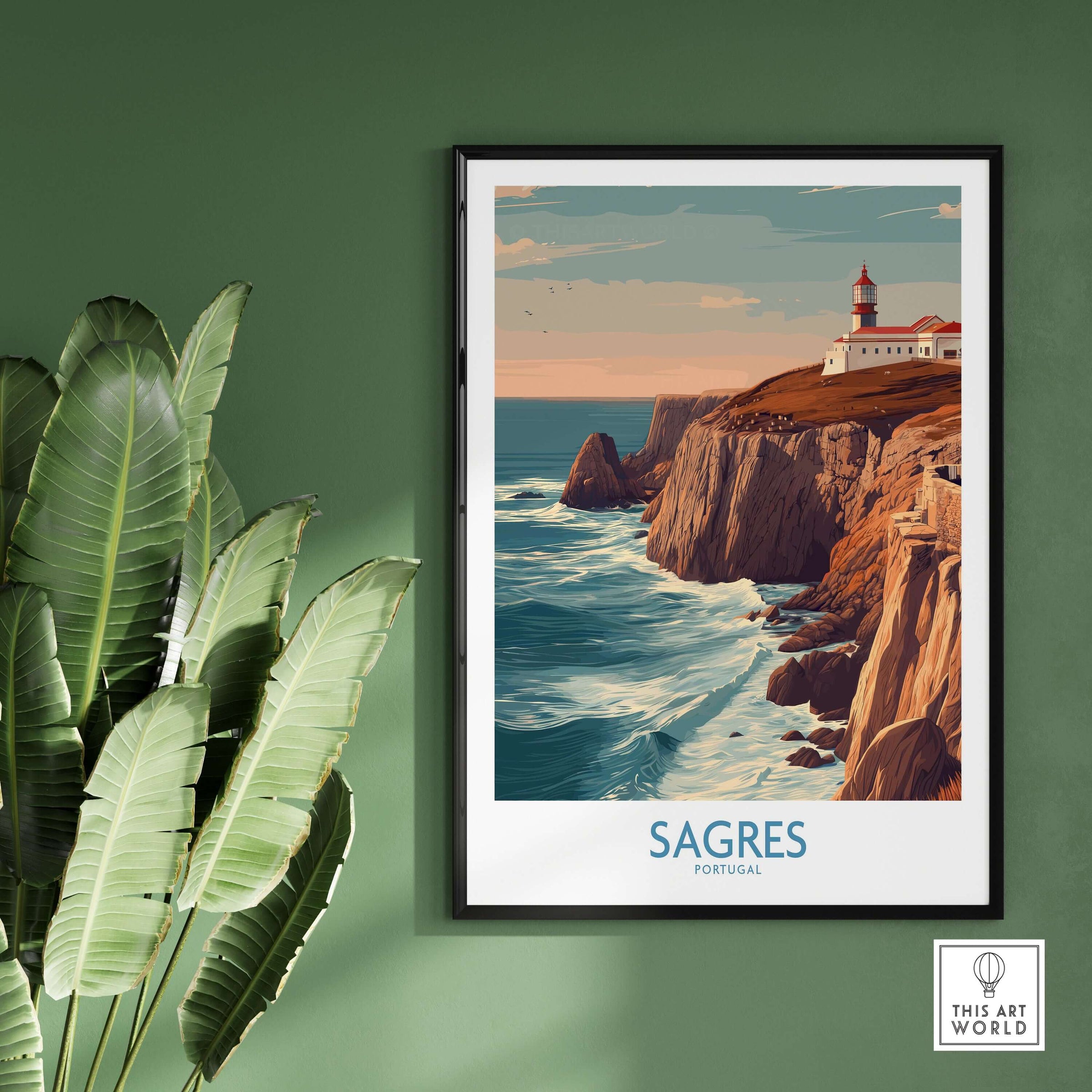 Sagres Portugal Cabo São Vicente Lighthouse Art Print | Coastal Cliffs Poster framed on green wall with coastal landscape.