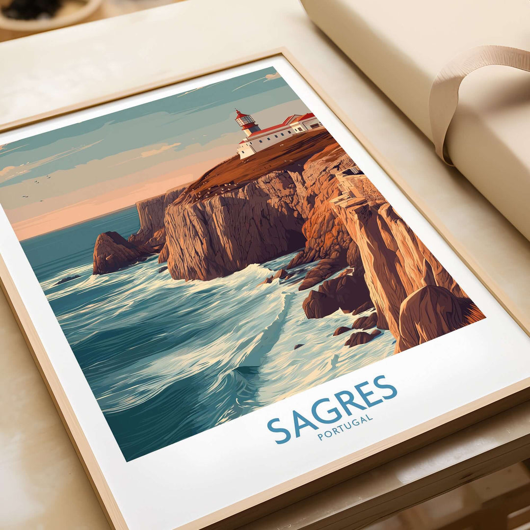 Sagres Portugal Cabo São Vicente Lighthouse Art Print | Coastal Cliffs Poster depicting rugged coastal cliffs and lighthouse.