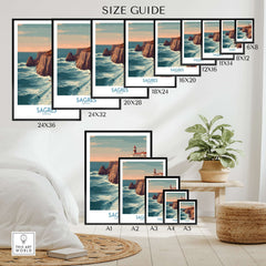 Sagres Portugal Cabo São Vicente Lighthouse Art Print | Coastal Cliffs Poster Size Guide showcasing various frame sizes.