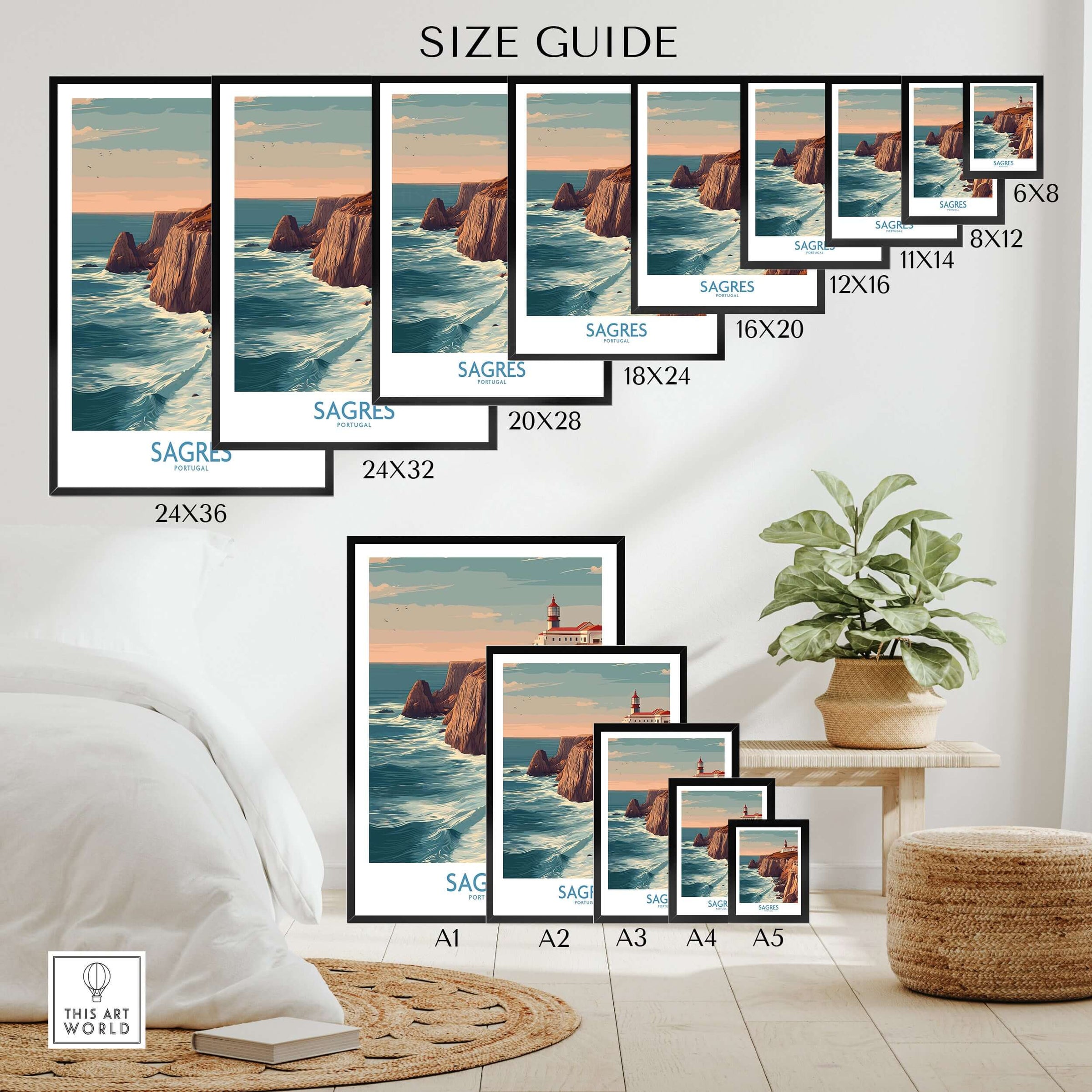 Sagres Portugal Cabo São Vicente Lighthouse Art Print | Coastal Cliffs Poster Size Guide showcasing various frame sizes.