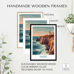 Sagres Portugal Cabo São Vicente Lighthouse Art Print | Coastal Cliffs Poster in handmade wooden frames.