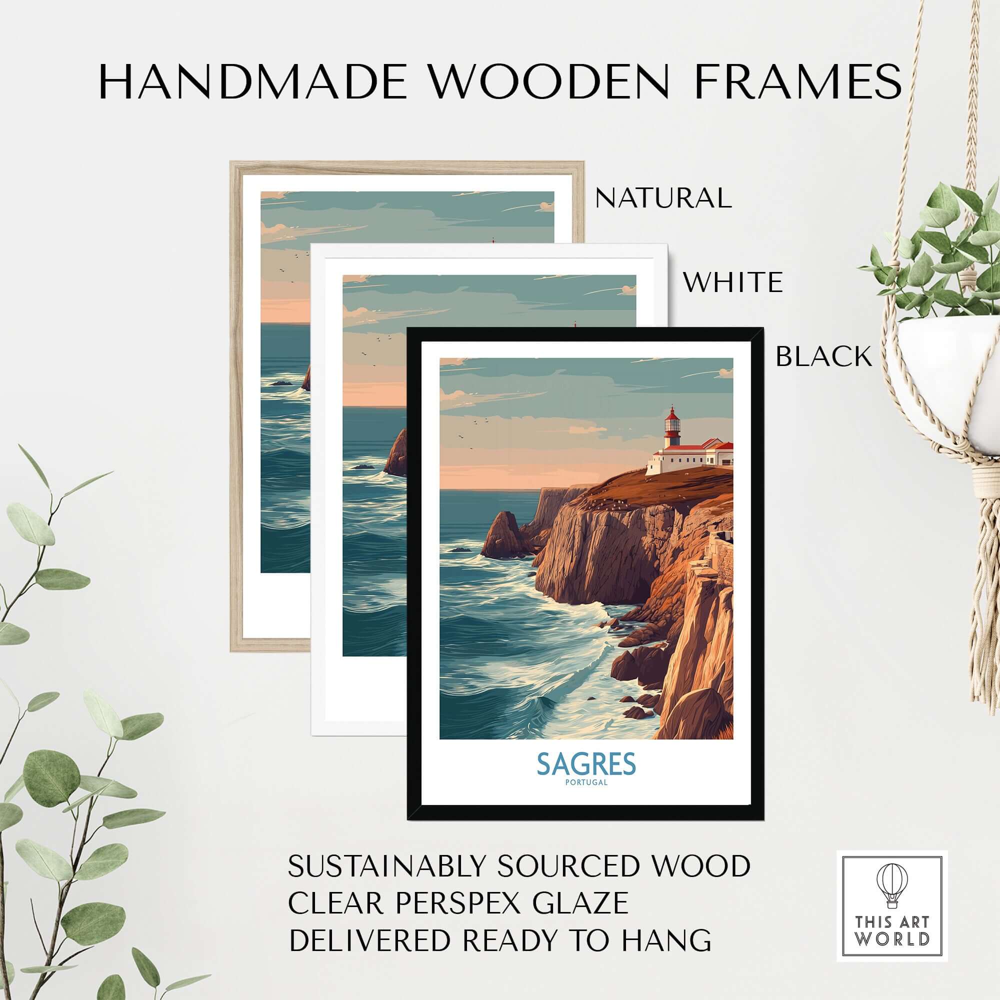 Sagres Portugal Cabo São Vicente Lighthouse Art Print | Coastal Cliffs Poster in handmade wooden frames.