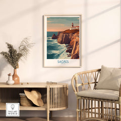 Sagres Portugal Cabo São Vicente Lighthouse Art Print | Coastal Cliffs Poster displayed in a cozy interior setting.