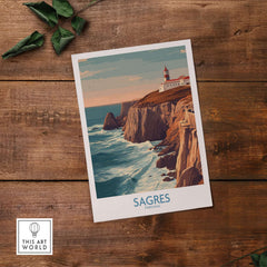 Sagres Portugal Cabo São Vicente Lighthouse Art Print | Coastal Cliffs Poster displayed on wooden background.
