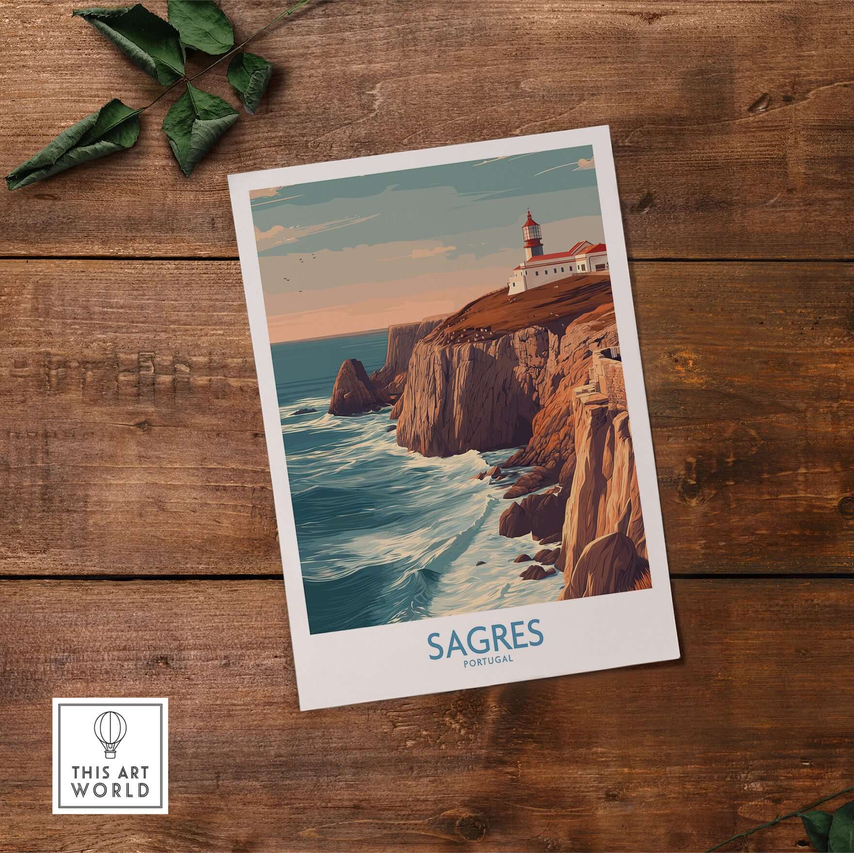 Sagres Portugal Cabo São Vicente Lighthouse Art Print | Coastal Cliffs Poster displayed on wooden background.