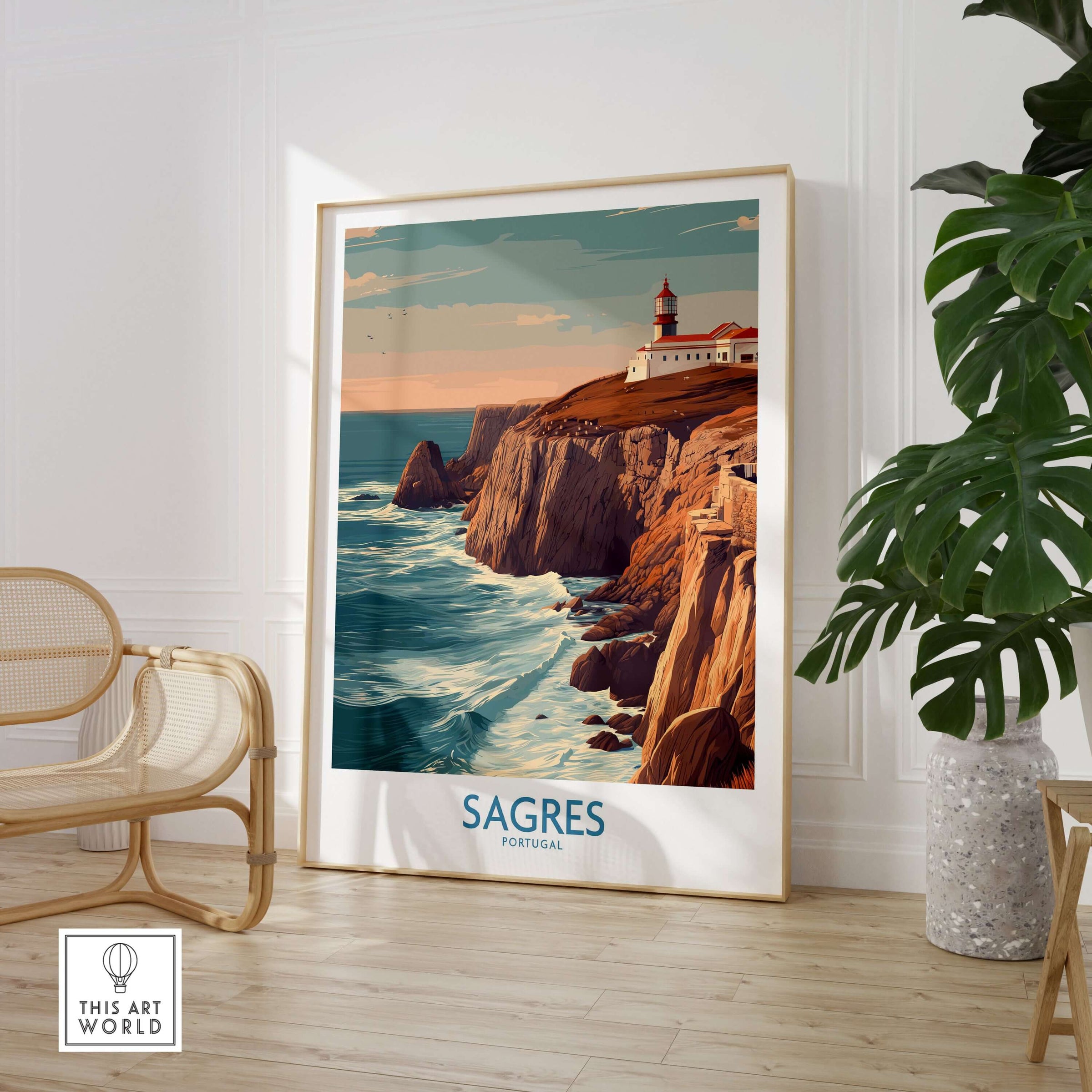 Sagres Portugal Cabo São Vicente Lighthouse Art Print | Coastal Cliffs Poster displayed in a modern interior setting.