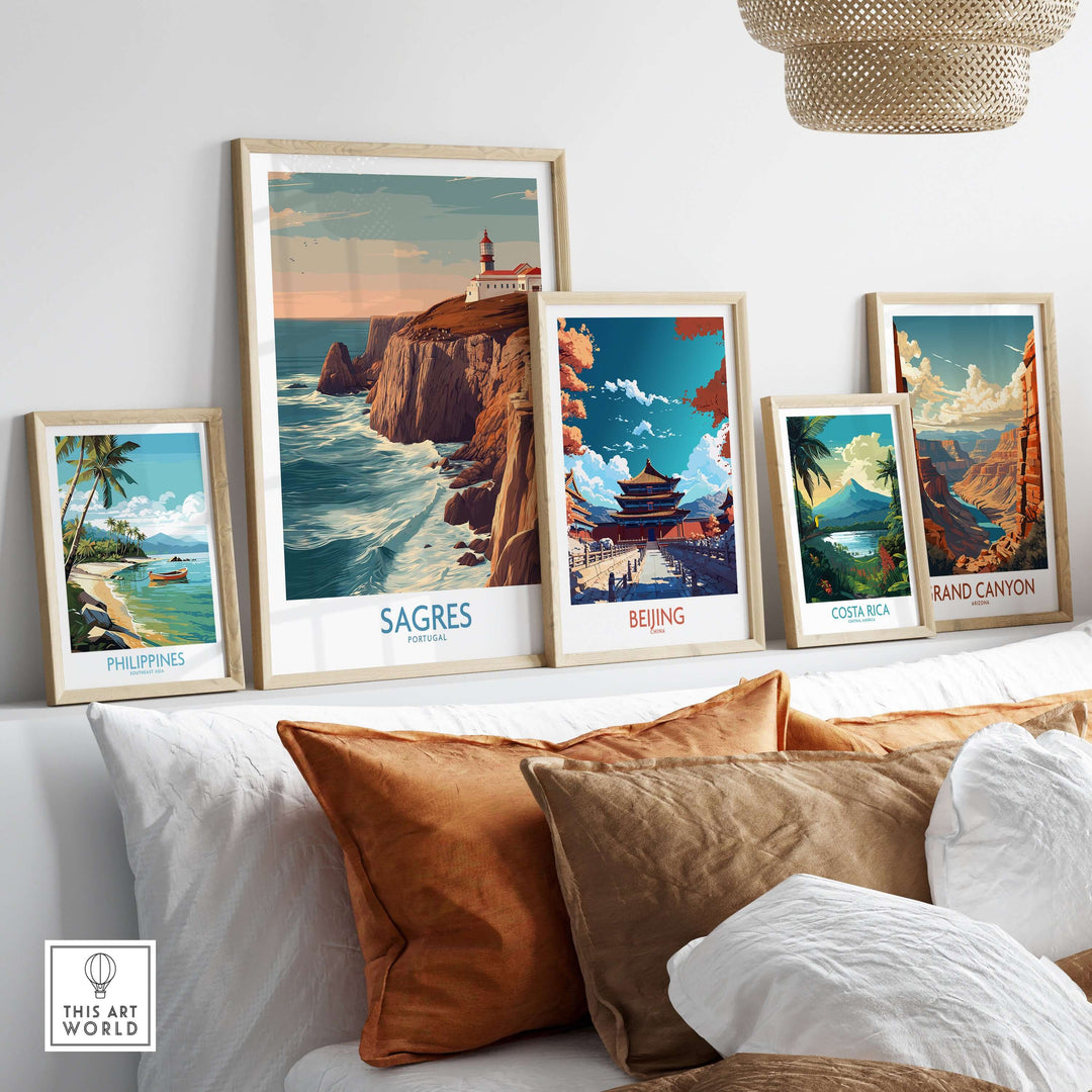 Sagres Portugal Cabo São Vicente Lighthouse Art Print | Coastal Cliffs Poster displayed among other framed art prints.