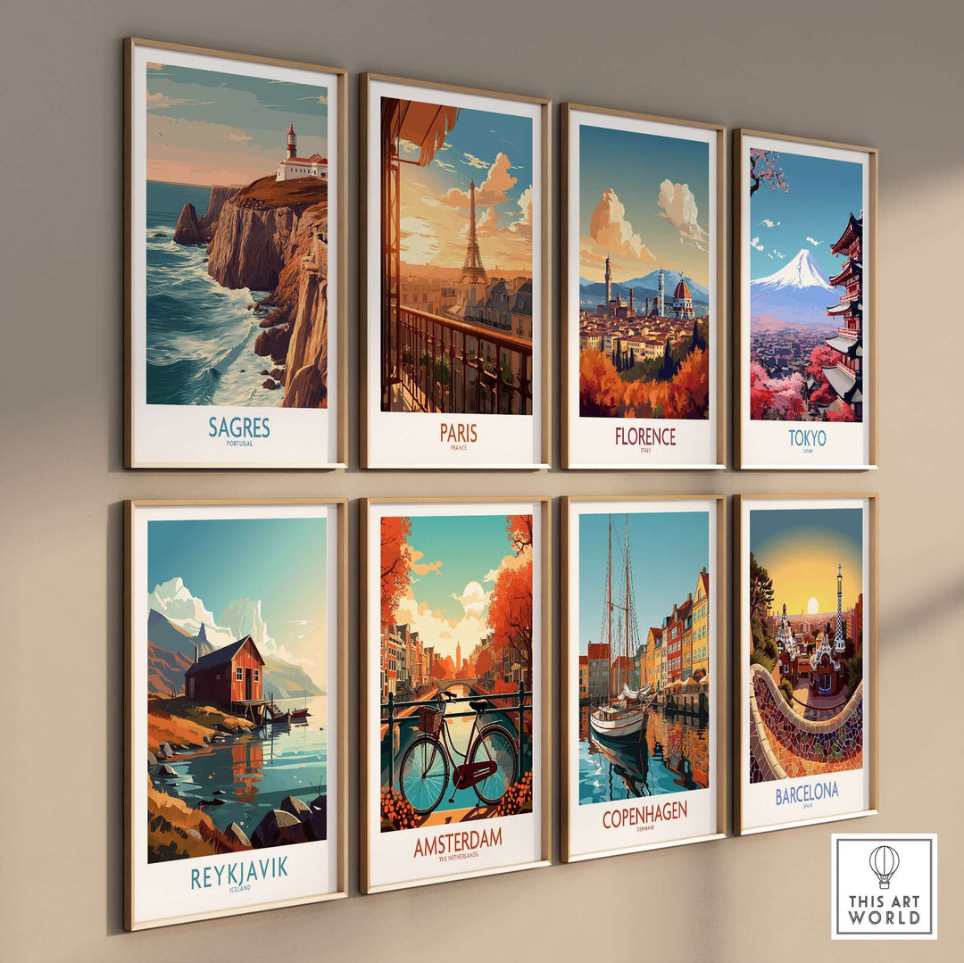 Sagres Portugal Cabo São Vicente Lighthouse Art Print | Coastal Cliffs Poster displayed among city posters on a gallery wall.
