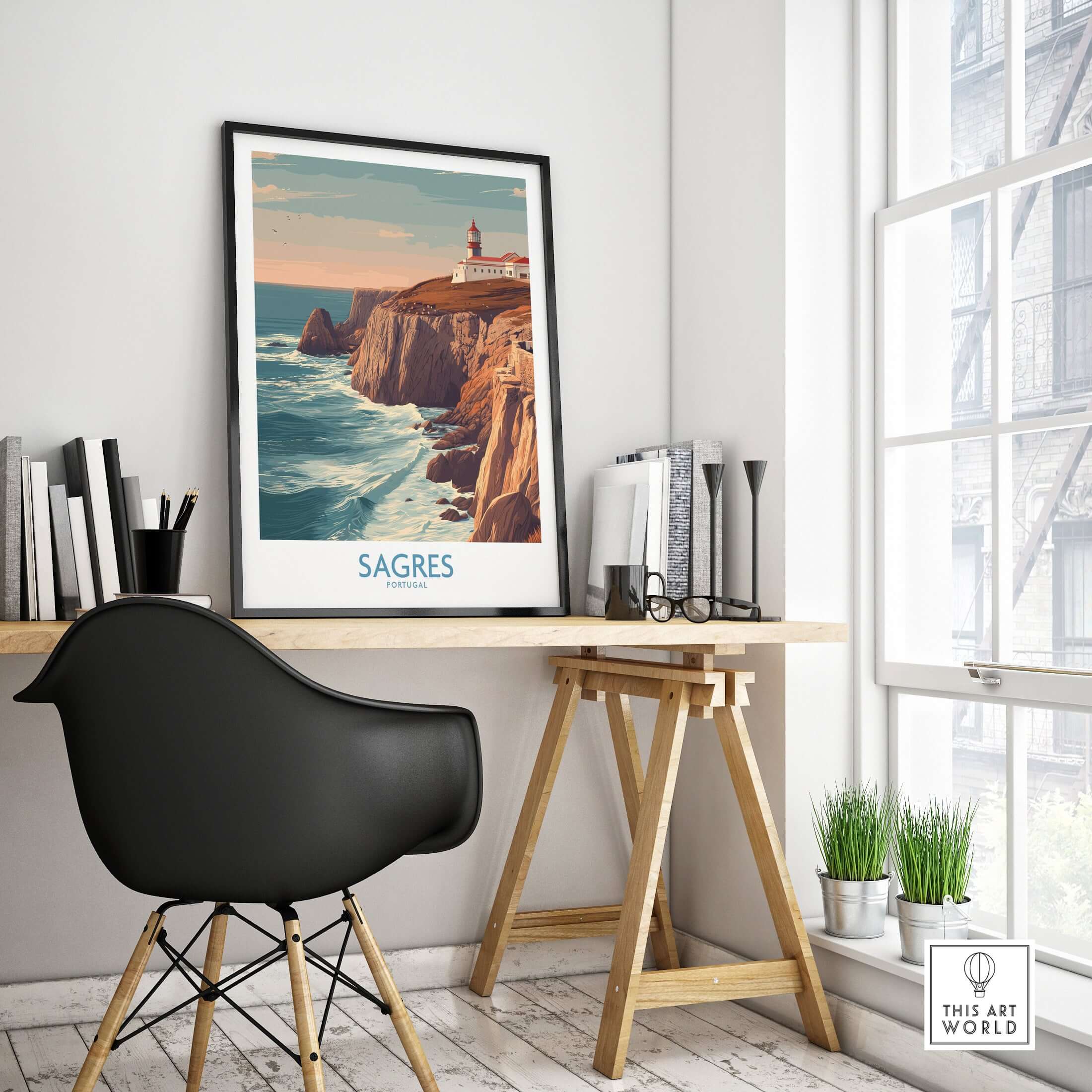 Sagres Portugal Cabo São Vicente Lighthouse Art Print | Coastal Cliffs Poster displayed in a modern home office setting.