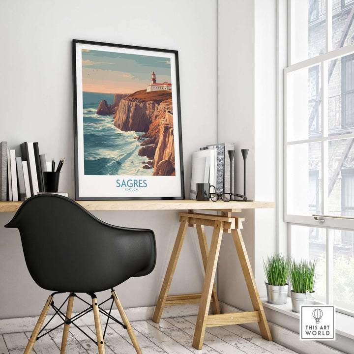 Sagres Portugal Cabo São Vicente Lighthouse Art Print | Coastal Cliffs Poster displayed in a modern room setting.