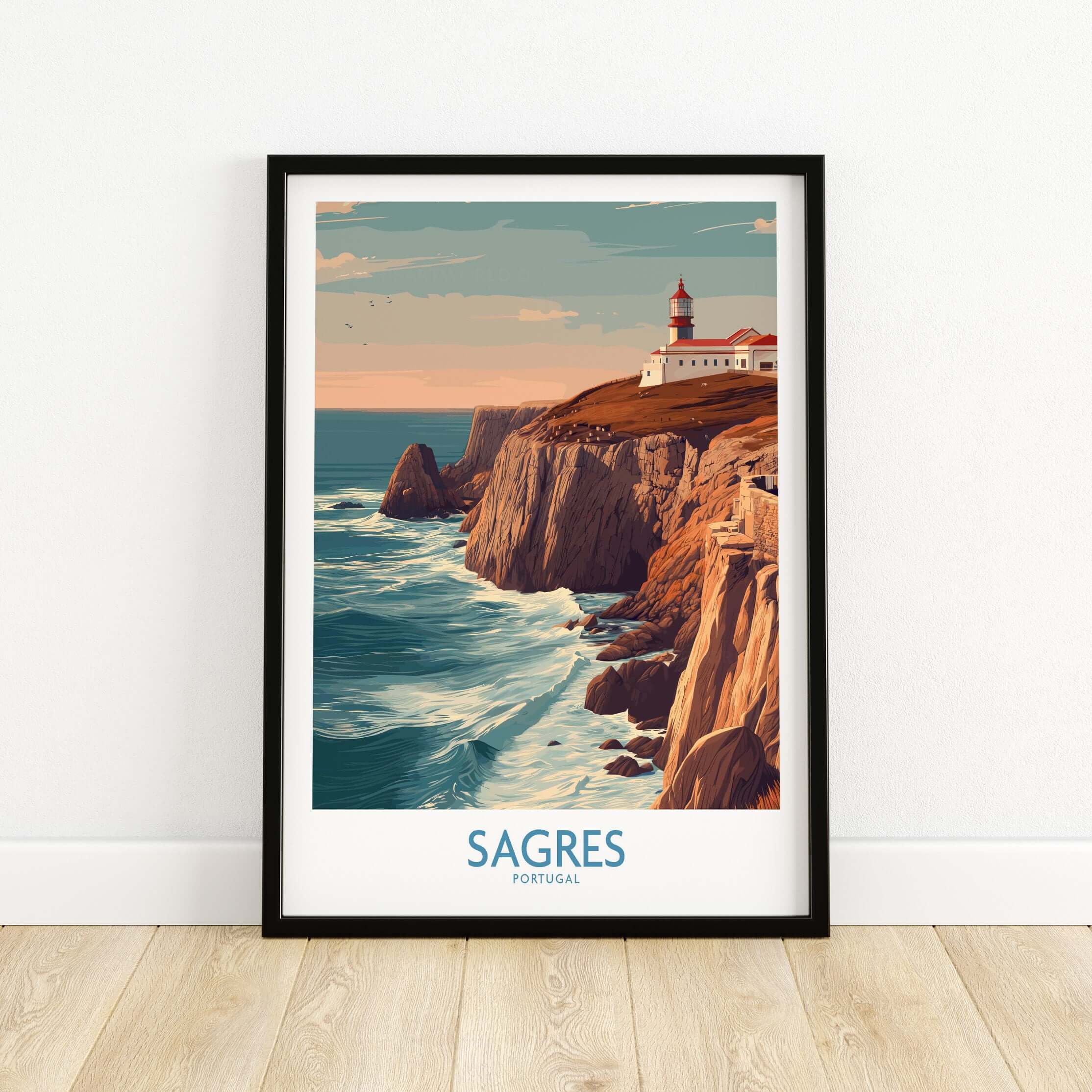 Sagres Portugal Cabo São Vicente Lighthouse Art Print | Coastal Cliffs Poster, showcasing a lighthouse on rugged cliffs.