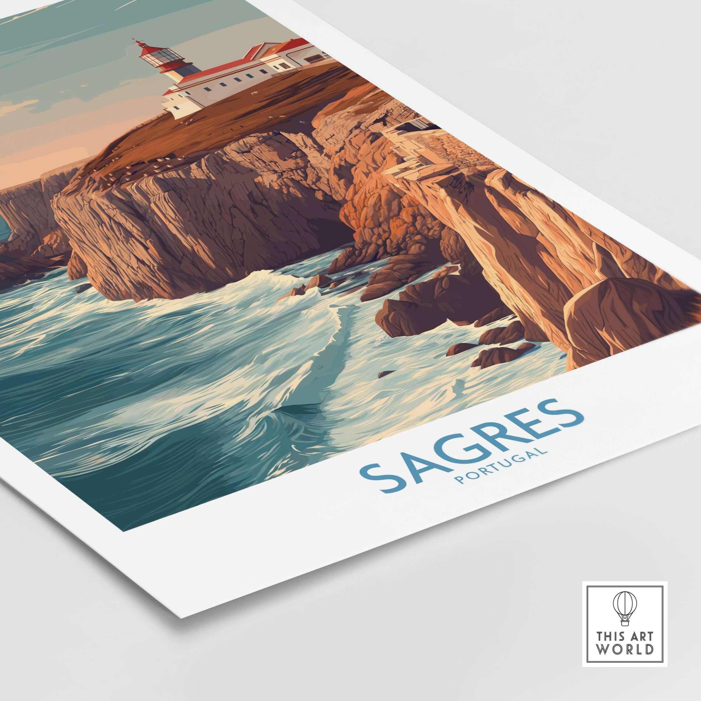 Sagres Portugal Cabo São Vicente Lighthouse Art Print | Coastal Cliffs Poster showcasing the stunning coastal cliffs and lighthouse.
