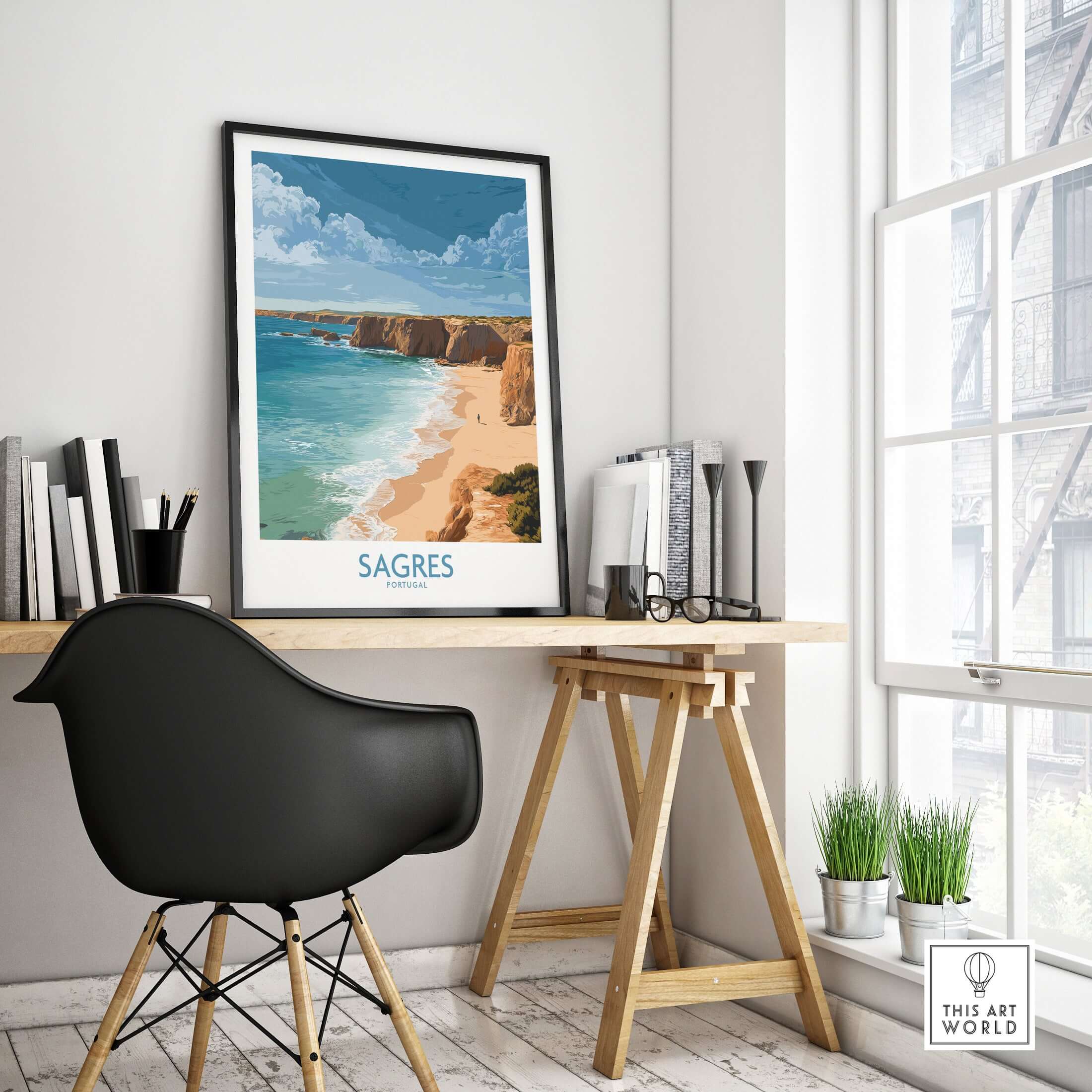Sagres Portugal Golden Cliffs Beach Art Print | Algarve Coastal Poster displayed in a stylish home office.