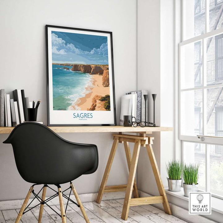 Sagres Portugal Golden Cliffs Beach Art Print | Algarve Coastal Poster displayed in a modern workspace on a wall.