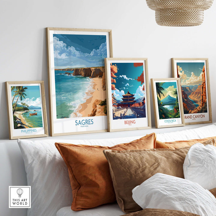 Sagres Portugal Golden Cliffs Beach Art Print | Algarve Coastal Poster displayed among various travel art prints.