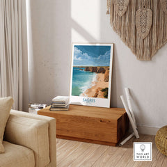 Sagres Portugal Golden Cliffs Beach Art Print | Algarve Coastal Poster displayed in a stylish living room setting.