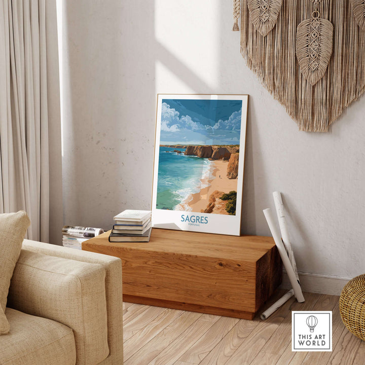 Sagres Portugal Golden Cliffs Beach Art Print | Algarve Coastal Poster displayed in a stylish living room setting.