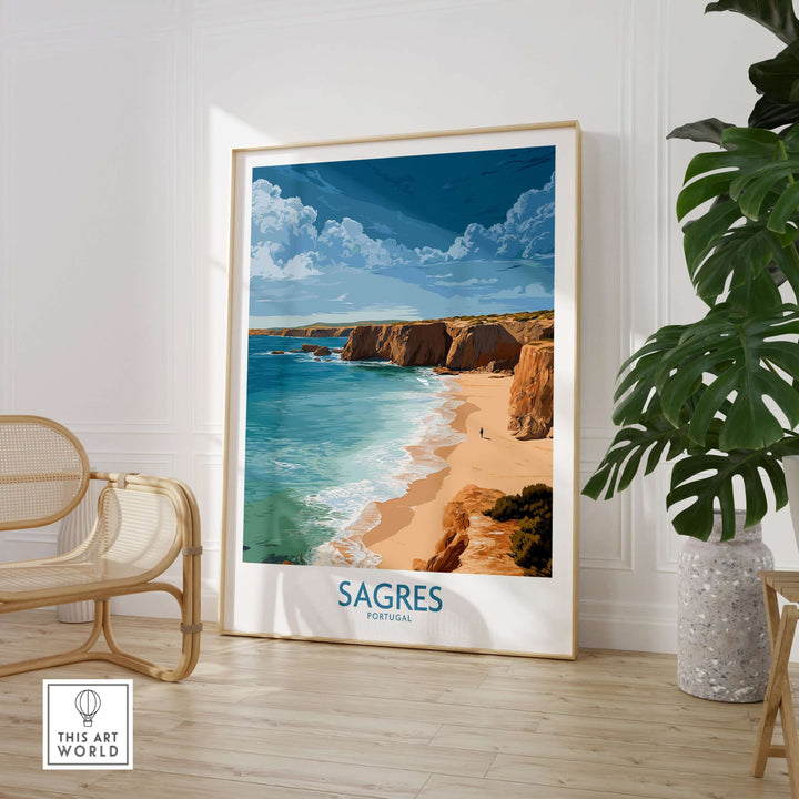 Sagres Portugal Golden Cliffs Beach Art Print | Algarve Coastal Poster displayed in a stylish interior setting.