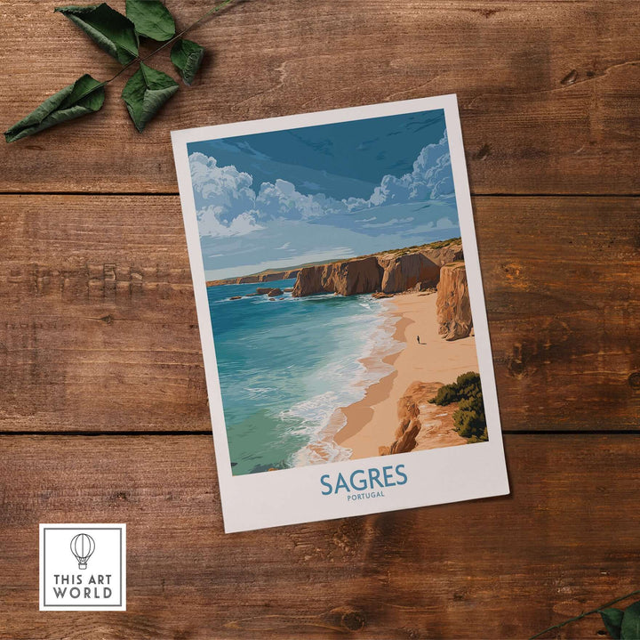 Sagres Portugal Golden Cliffs Beach Art Print | Algarve Coastal Poster on wooden background with green leaves.