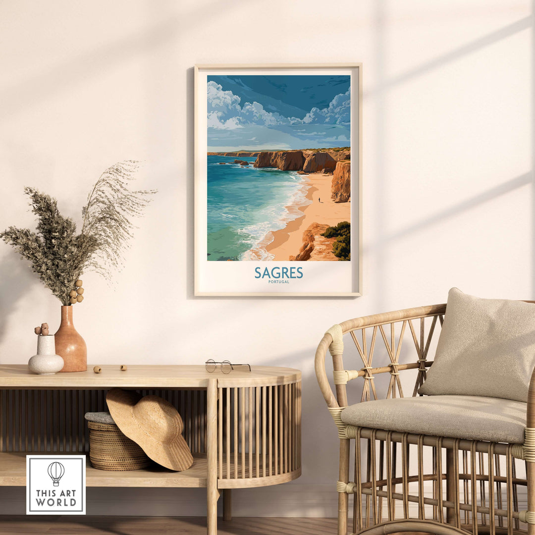 Sagres Portugal Golden Cliffs Beach Art Print | Algarve Coastal Poster displayed in a cozy interior with woven chair.