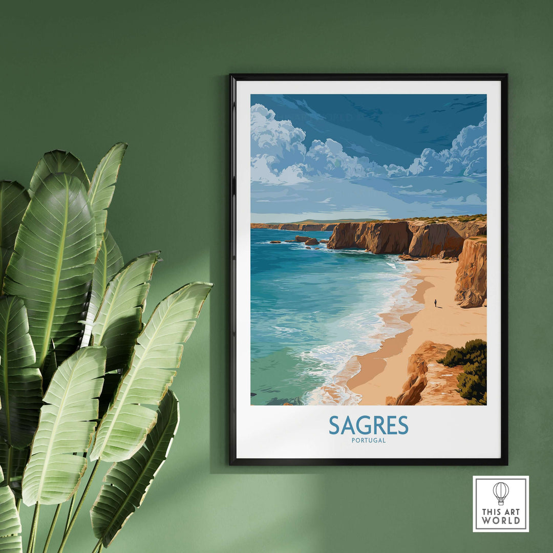 Sagres Portugal Golden Cliffs Beach Art Print | Algarve Coastal Poster displayed in a stylish interior setting.