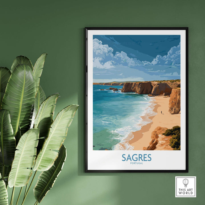Sagres Portugal Golden Cliffs Beach Art Print | Algarve Coastal Poster displayed in a stylish interior setting.
