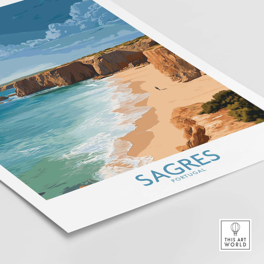 Sagres Portugal Golden Cliffs Beach Art Print | Algarve Coastal Poster showcasing golden cliffs and beach scenery.
