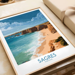 Sagres Portugal Golden Cliffs Beach Art Print | Algarve Coastal Poster showcasing golden cliffs and ocean waves.