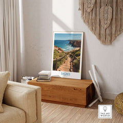 Sagres Poster -  Portugal Art Print | Ocean View Poster displayed in a cozy living room setting.