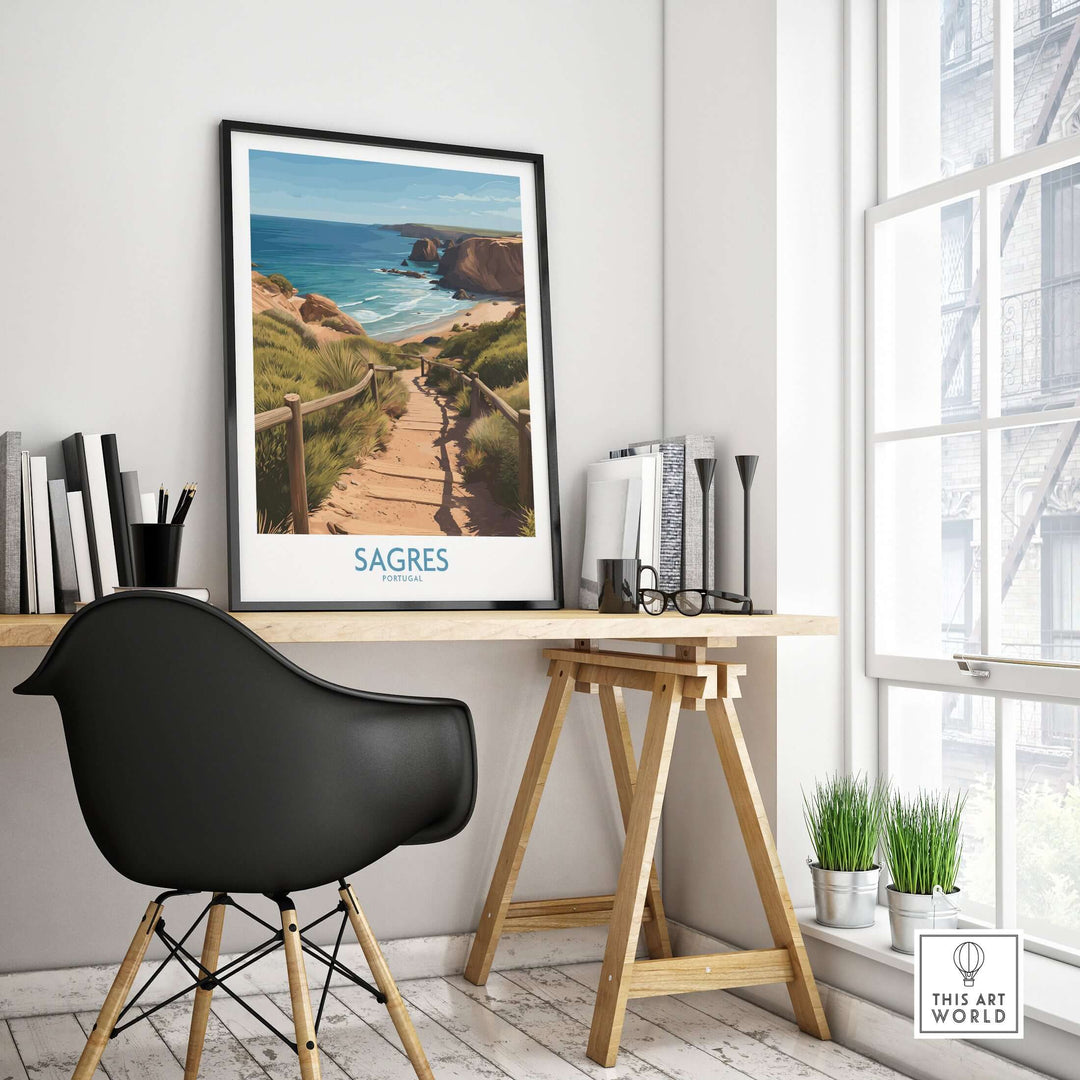 Sagres Poster -  Portugal Art Print | Ocean View Poster displayed in a modern home office setting.
