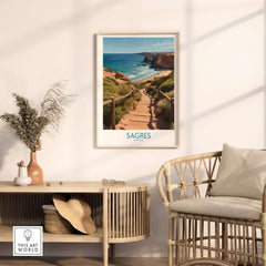 Sagres Poster -  Portugal Art Print | Ocean View Poster displayed in a cozy room with wooden decor.
