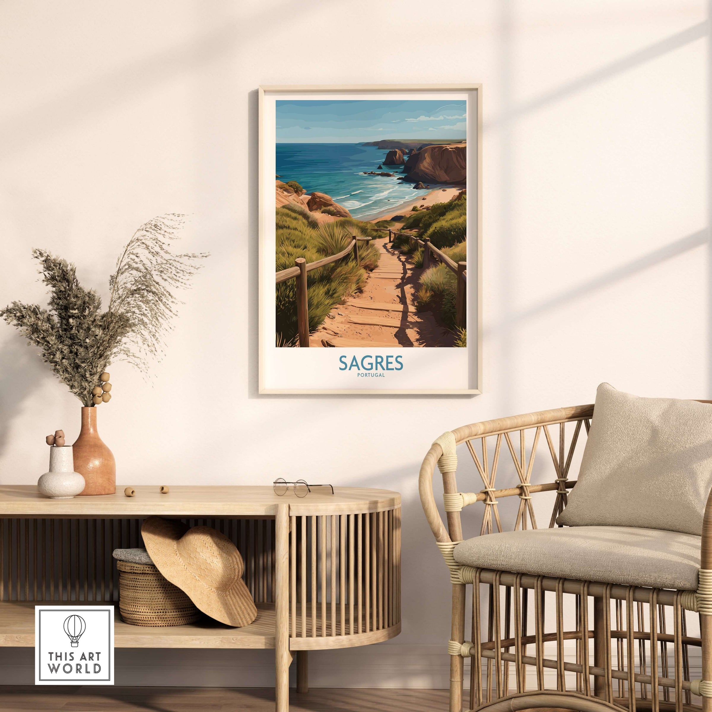 Sagres Poster -  Portugal Art Print | Ocean View Poster displayed in a cozy room with wooden decor.