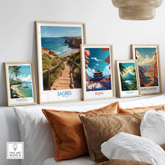 Sagres Poster -  Portugal Art Print | Ocean View Poster displayed among other vibrant travel art prints.