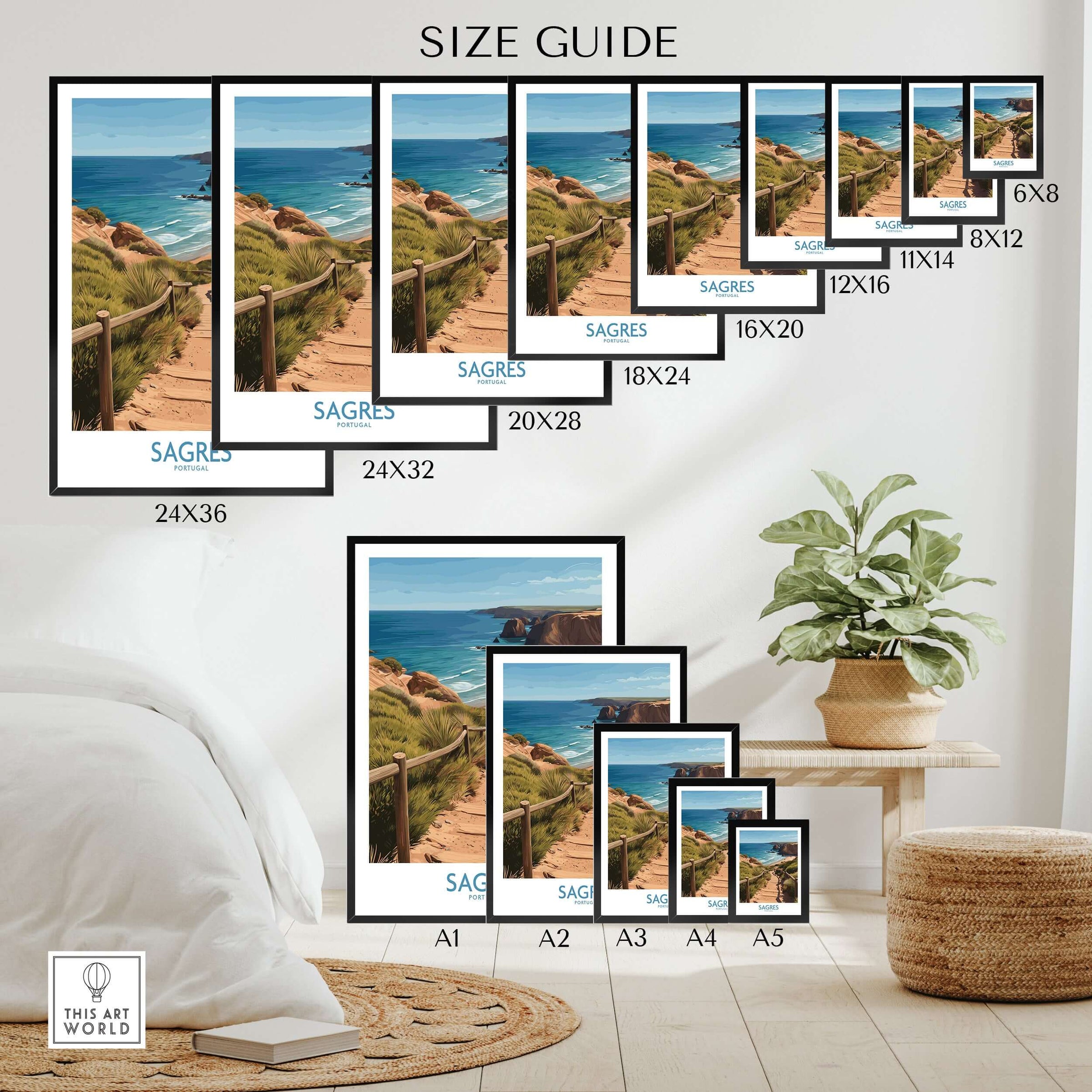 Sagres Poster -  Portugal Art Print | Ocean View Poster size guide showcasing various frame sizes.