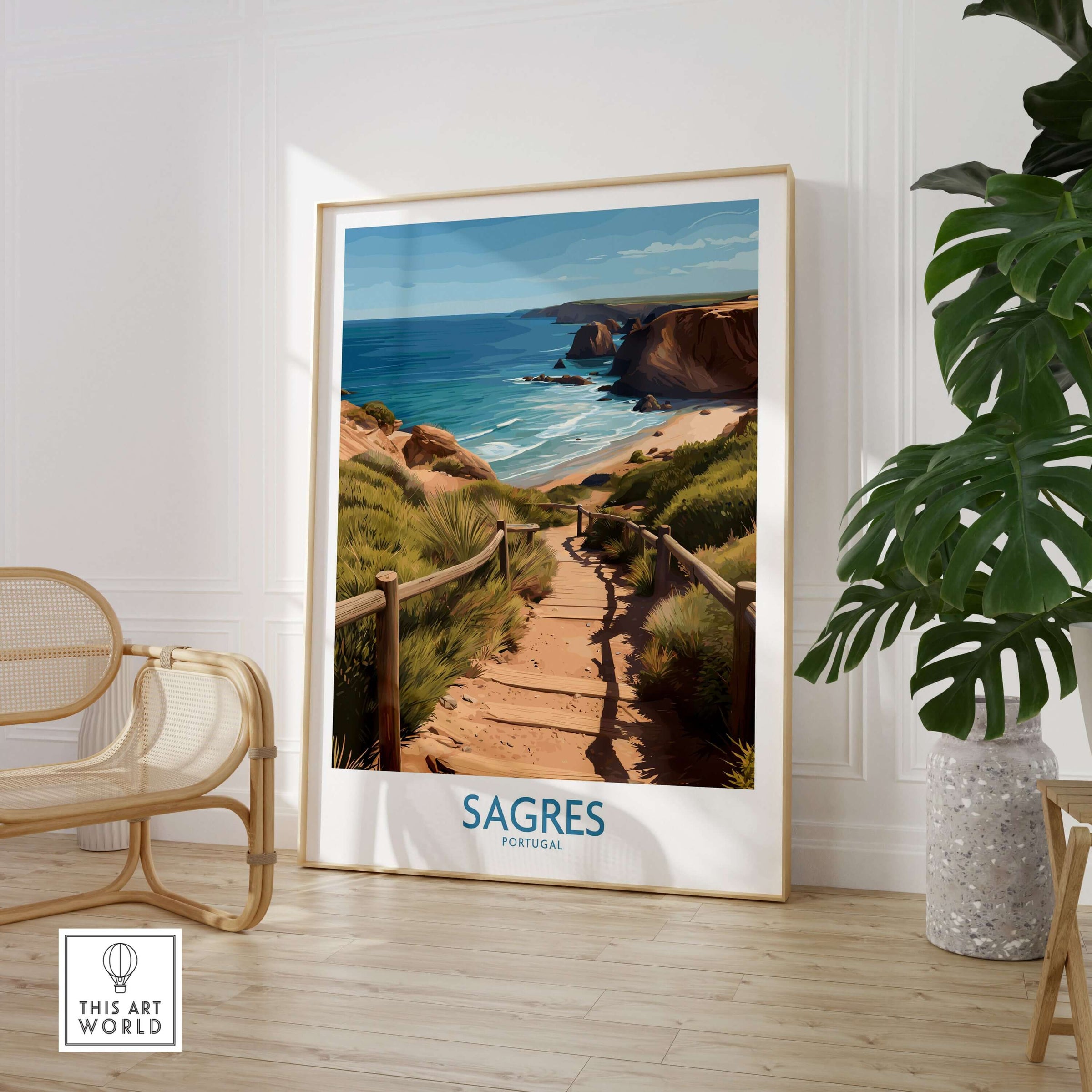 Sagres Poster -  Portugal Art Print | Ocean View Poster showcasing a scenic coastal path and ocean view in a stylish room setting.