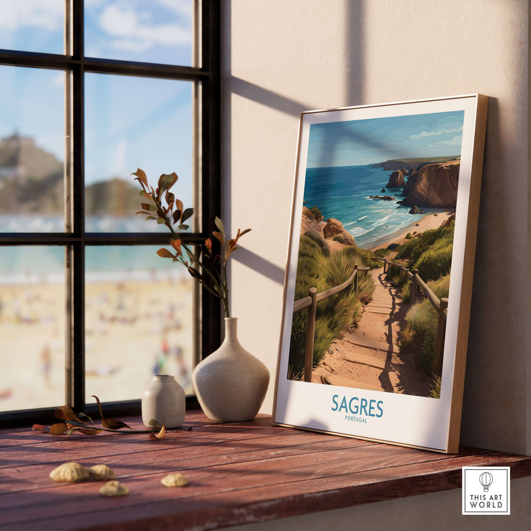 Sagres Poster -  Portugal Art Print | Ocean View Poster displayed on a wooden table by a window with beach view.