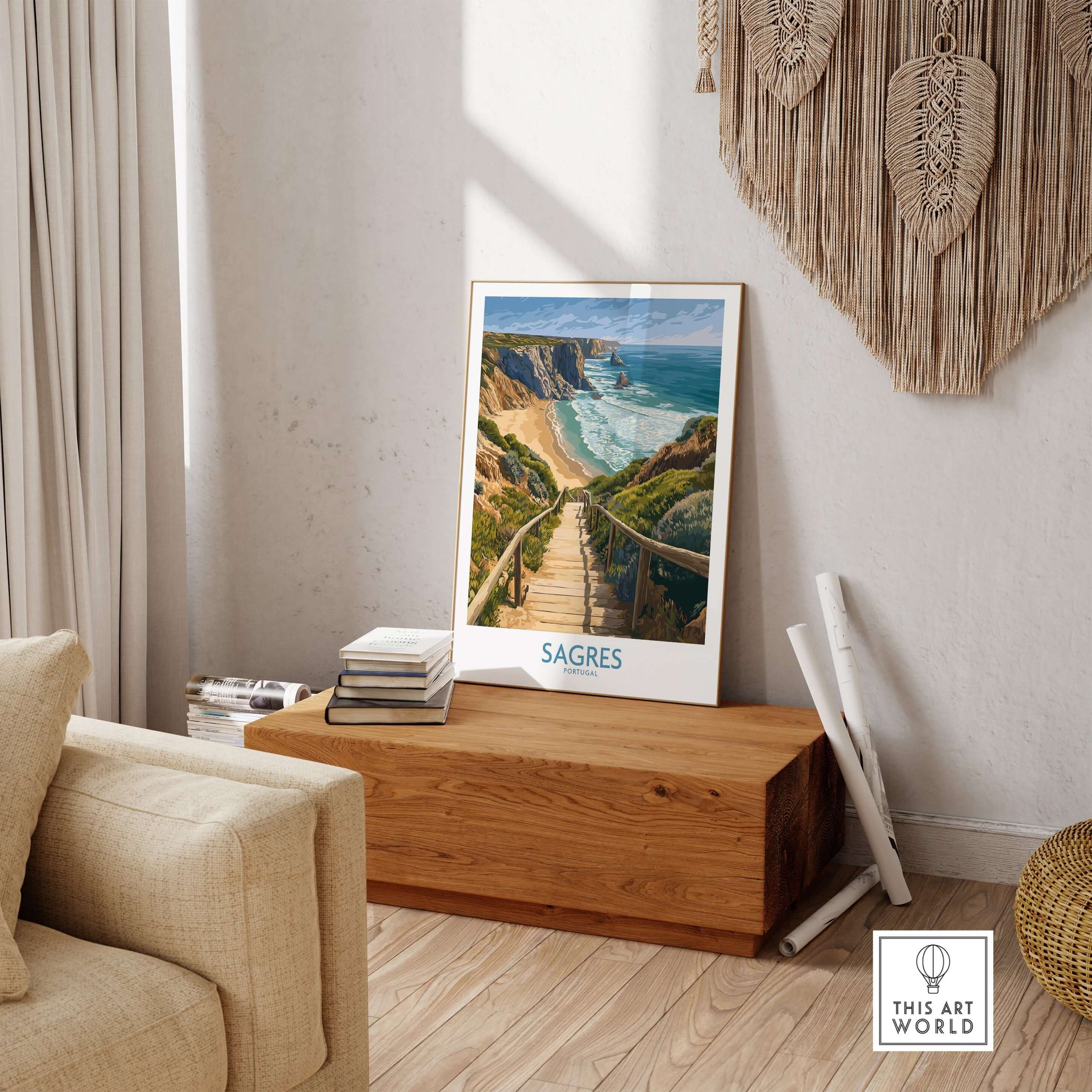 Sagres Poster Portugal Beach Art Print displayed in a cozy living room setting with natural decor.