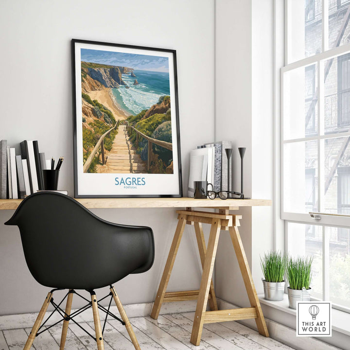 Sagres Poster Portugal Beach Art Print displayed in a stylish workspace with coastal view.