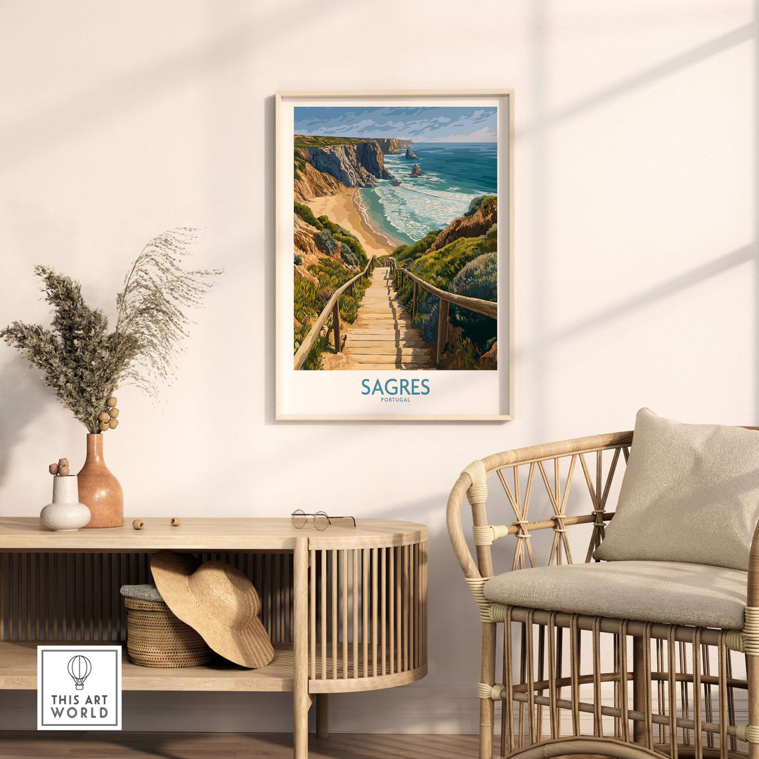 Sagres Poster Portugal Beach Art Print displayed in a stylish living room with coastal decor and natural light.
