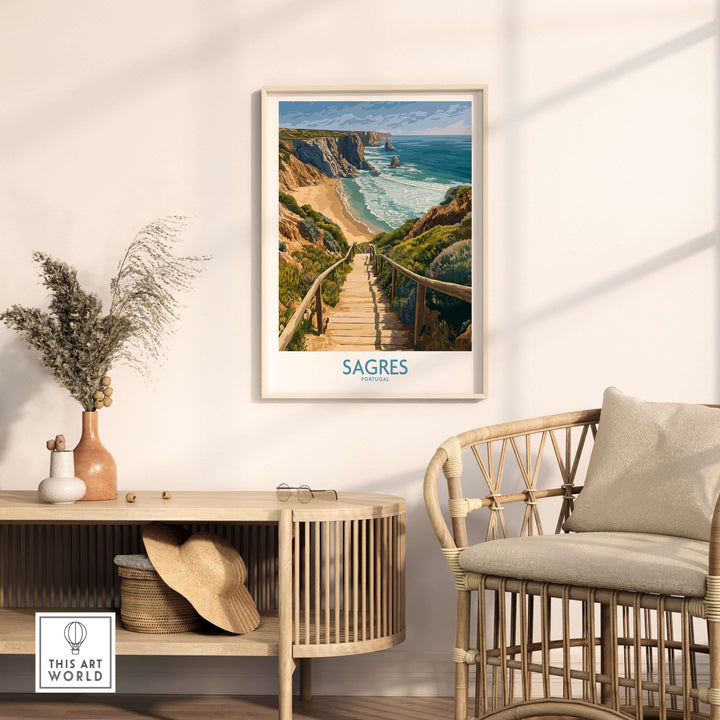 Sagres Poster Portugal Beach Art Print displayed in a stylish living room with coastal decor and natural light.