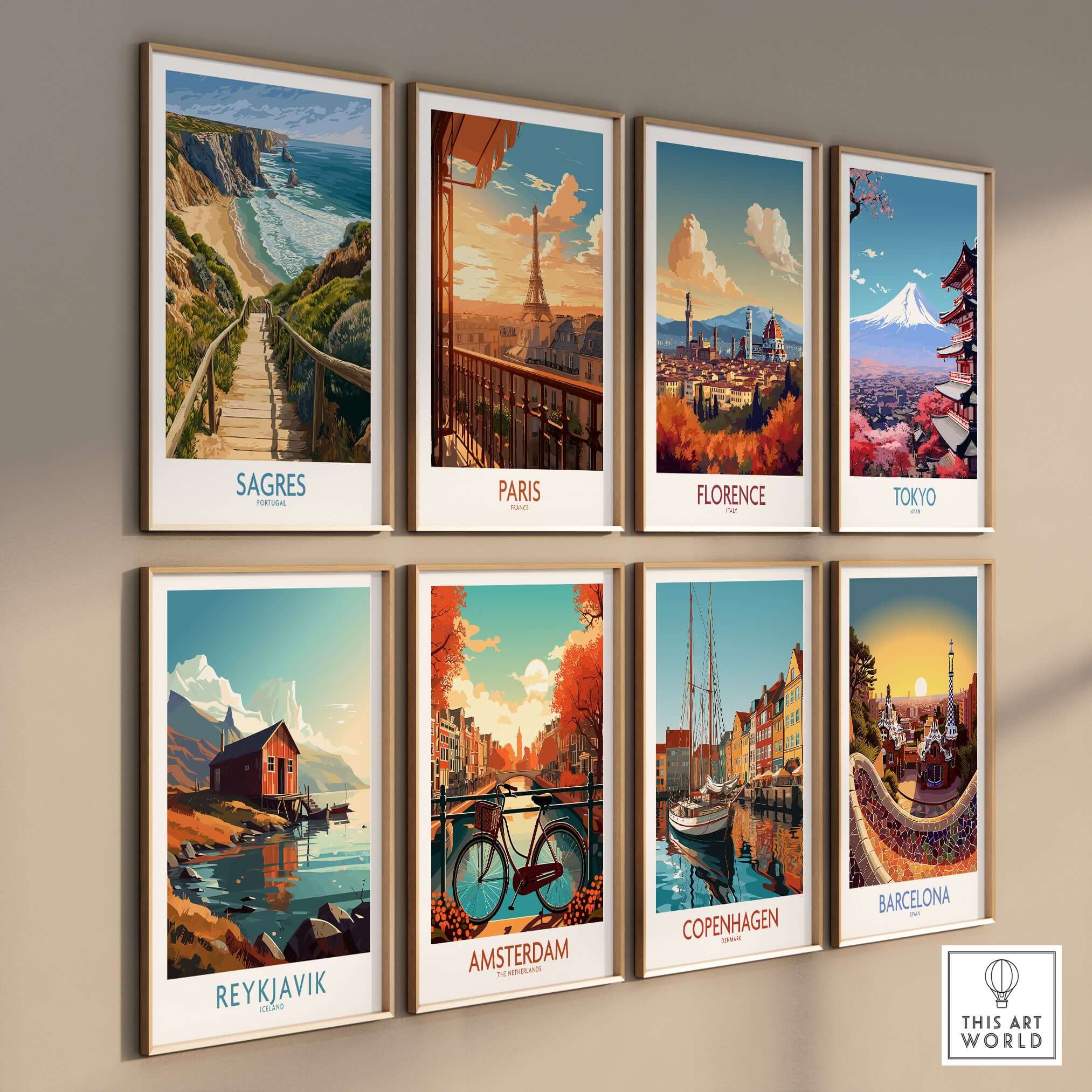 Sagres Poster Portugal Beach Art Print displayed among other travel art prints on a gallery wall.