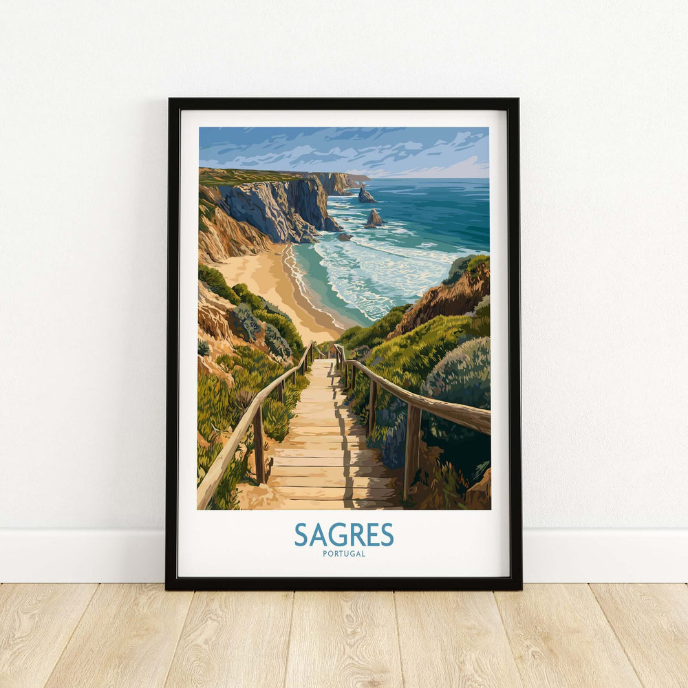 Sagres Poster Portugal Beach Art Print featuring a scenic coastal view with sandy beach and cliffs in Portugal.