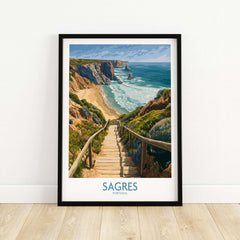 Sagres Poster Portugal Beach Art Print showcasing a scenic coastal view of golden sands and vibrant water.