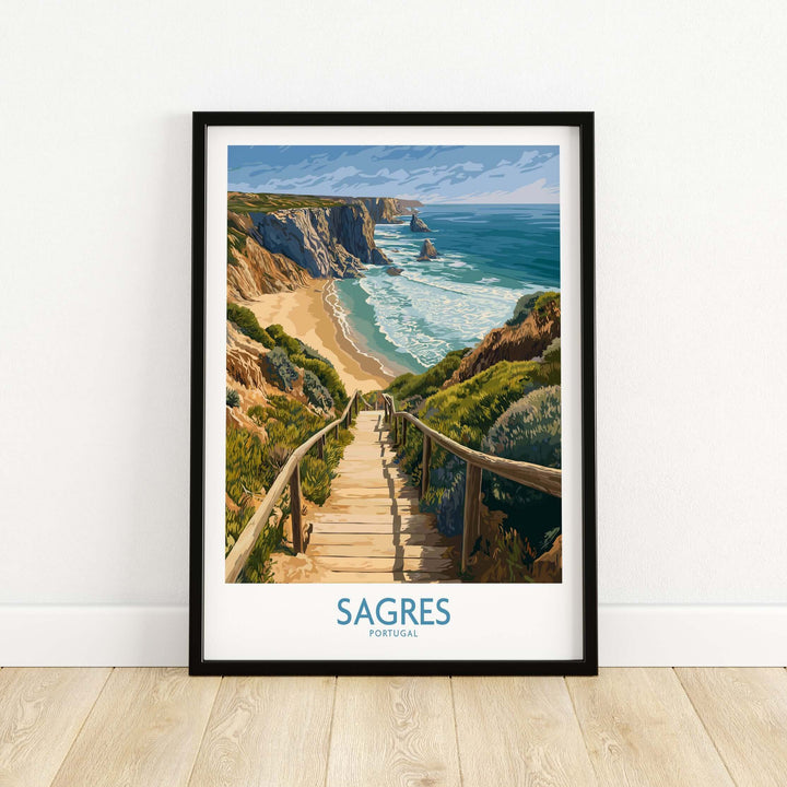 Sagres Poster Portugal Beach Art Print featuring a scenic coastal view with sandy beach and cliffs in Portugal.