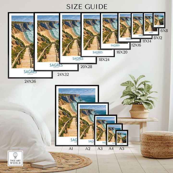 Sagres Poster Portugal Beach Art Print size guide displaying various dimensions of the beach art poster for home decor.