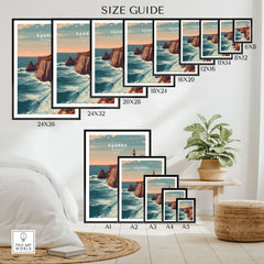 Sagres Poster - Wild Algarve Coastline View Print size guide showing various frame sizes for display options.