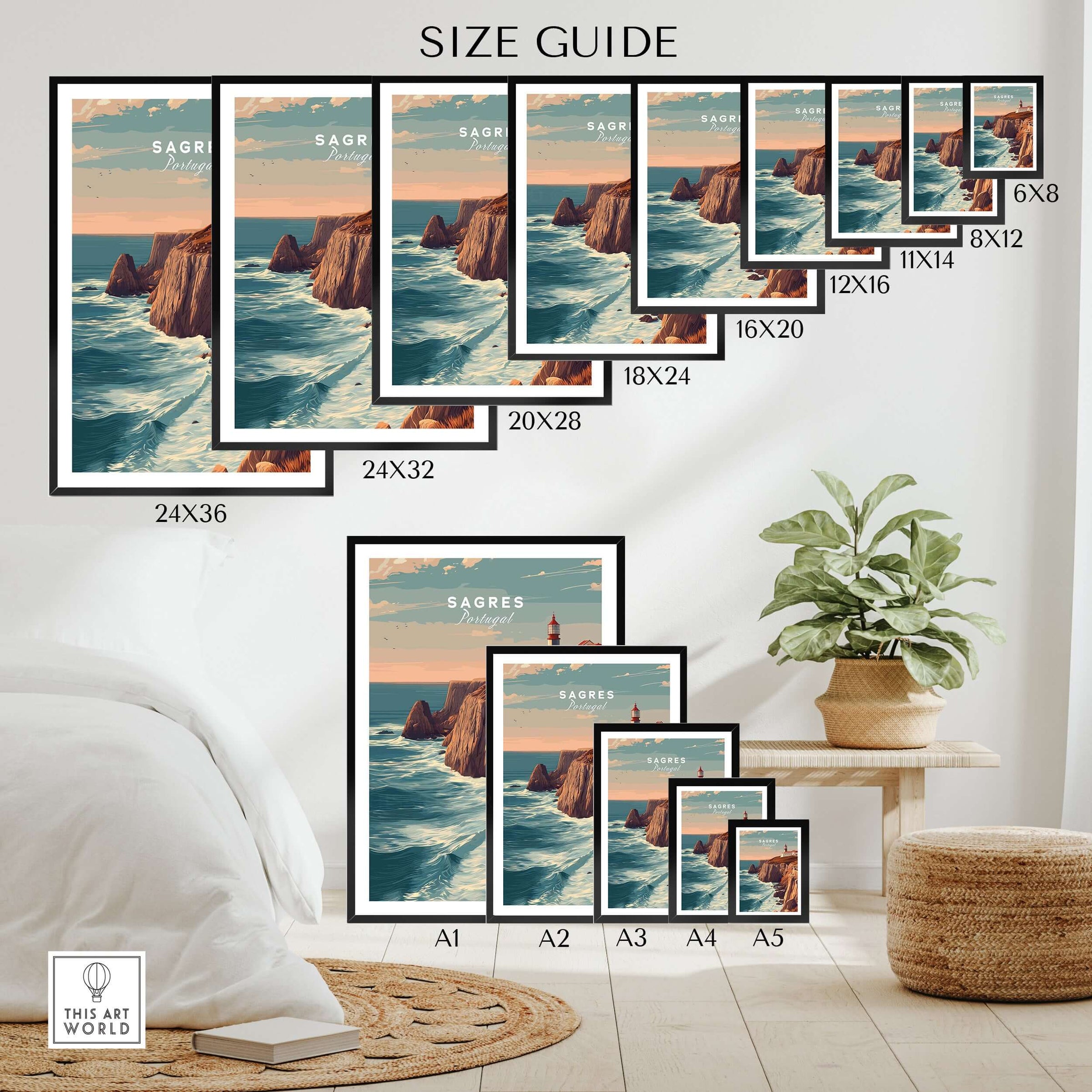 Sagres Poster - Wild Algarve Coastline View Print size guide showing various frame sizes for display options.